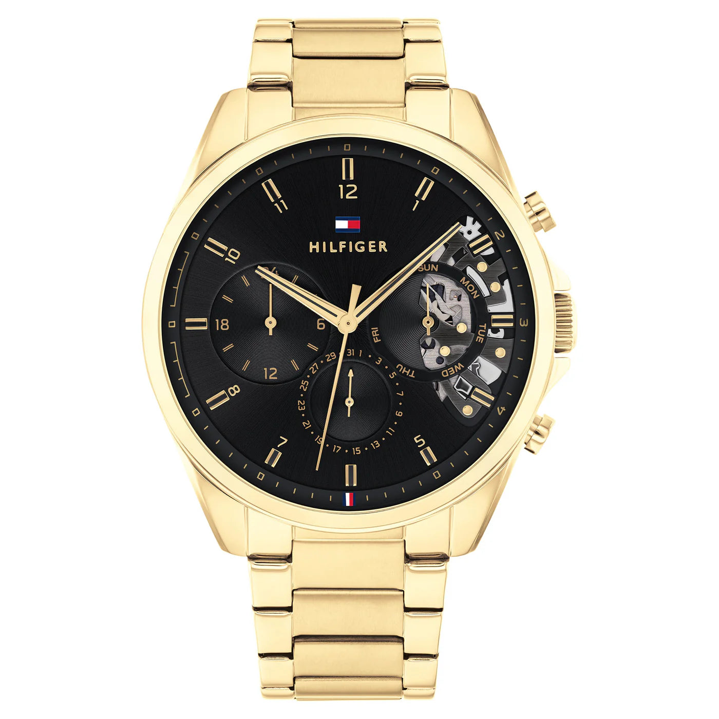 TOMMY HILFIGER MENS BLACK DIAL W GOLD S/STEEL BAND 1710447
