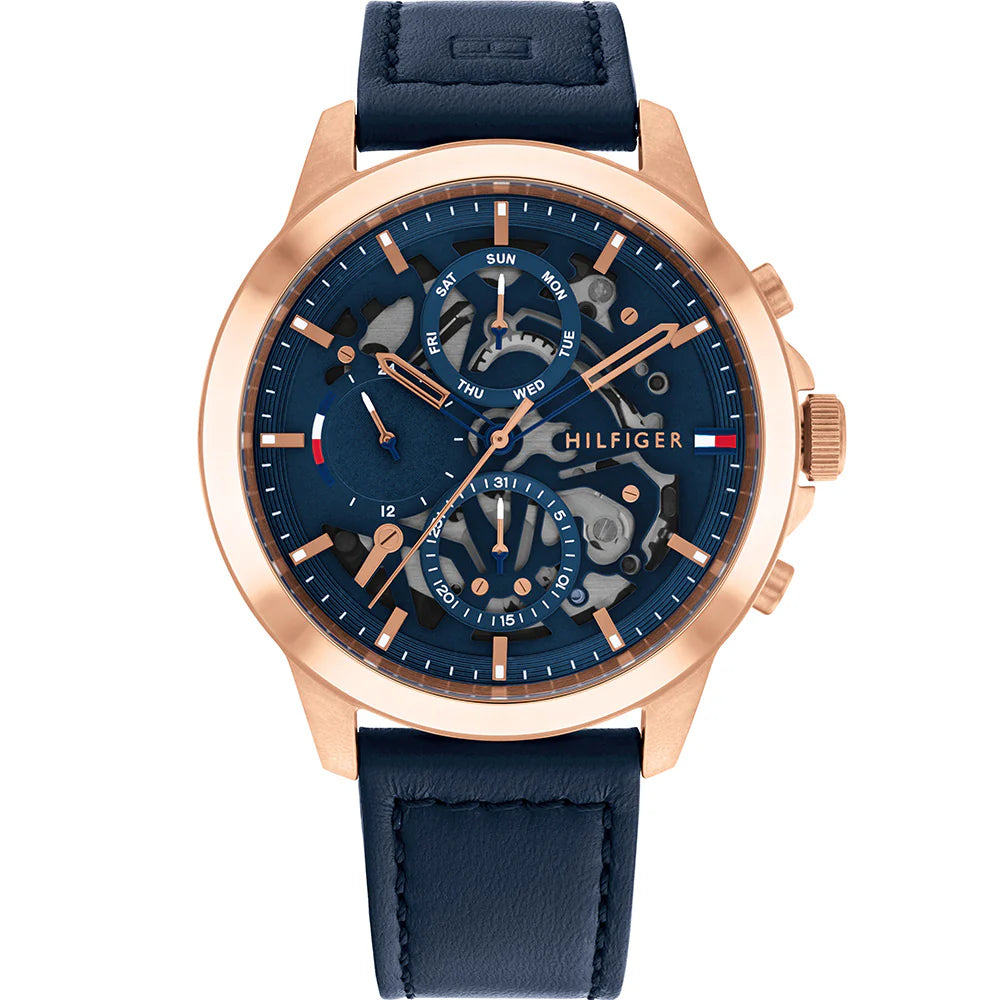 TOMMY HILFIGER LEATHER BAND BLUE DIAL MEN'S MULTI-FUNCTION WATCH - 1710475