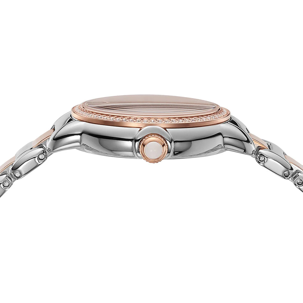 Emporio Armani womens watch w/ mother-of-pearl white glossy dial, three-hand movement, and a two-tone rg/silv stainless steel bracelet.