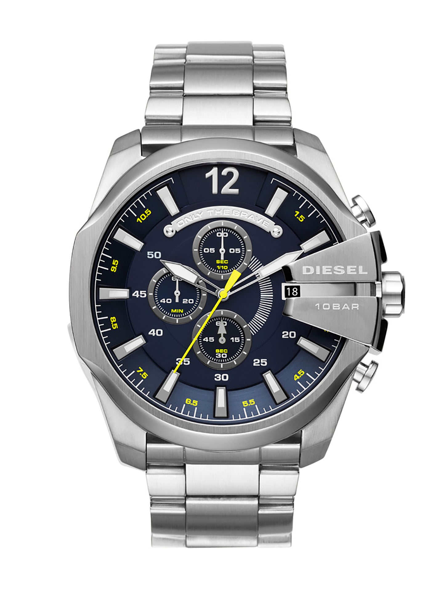 DIESEL BLUE DIAL W YELLOW FEATURES SILVER STEEL BAND DZ4465