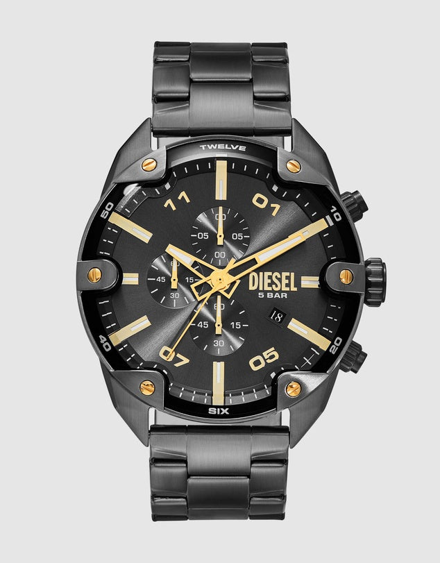Diesel Spiked watch features a gray sunray dial, chronograph movement and gunmetal stainless steel
