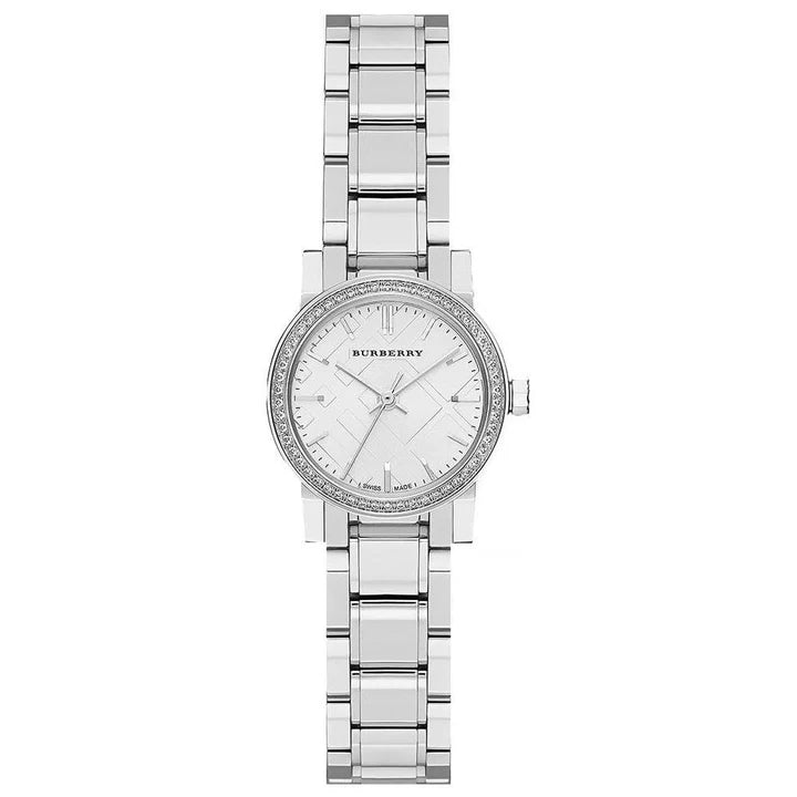 Burberry Ladies Silver Metal Watch With Diamond Case Textured Dial