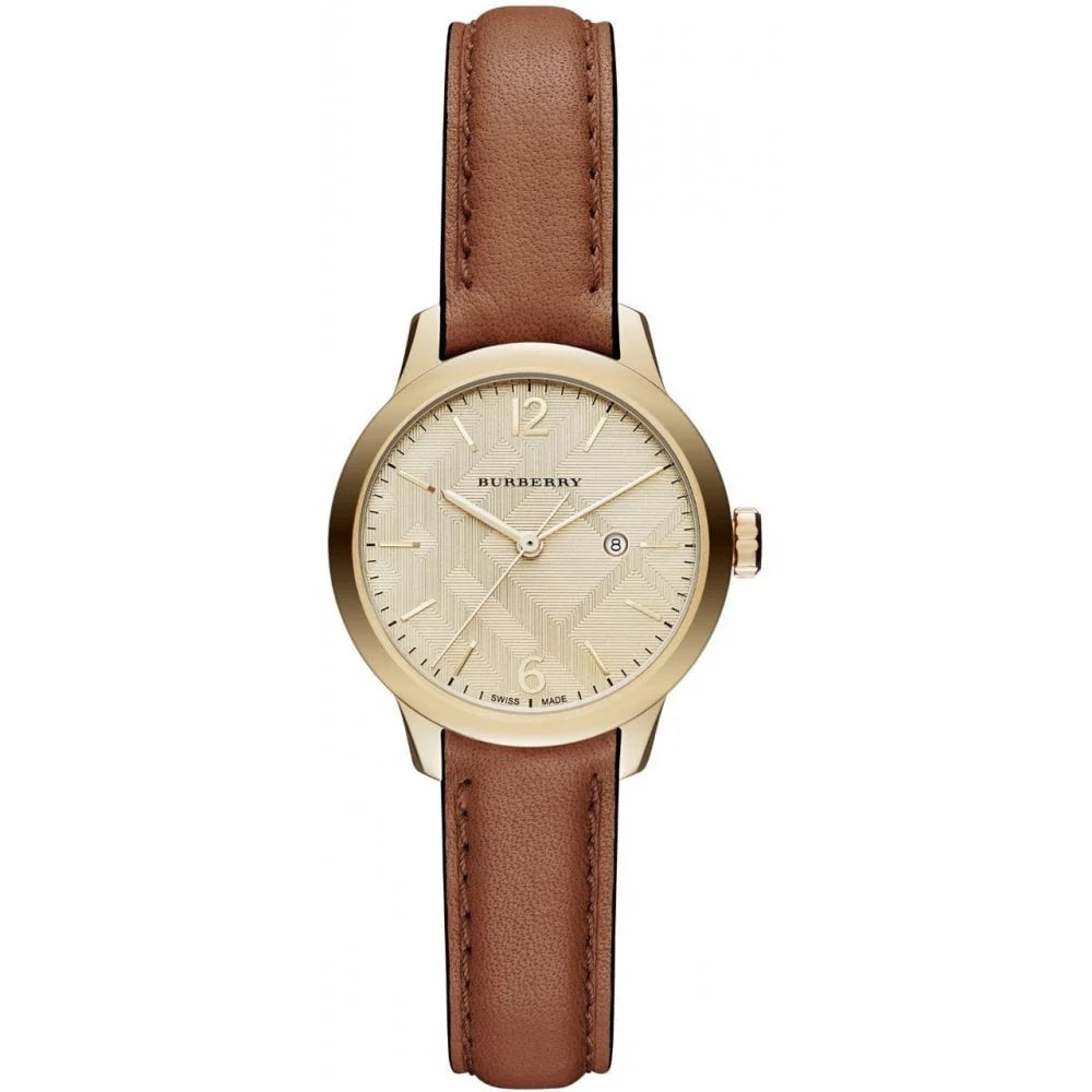 Burberry Champagne Check Stamped Dial Brown Leather Ladies Watch
