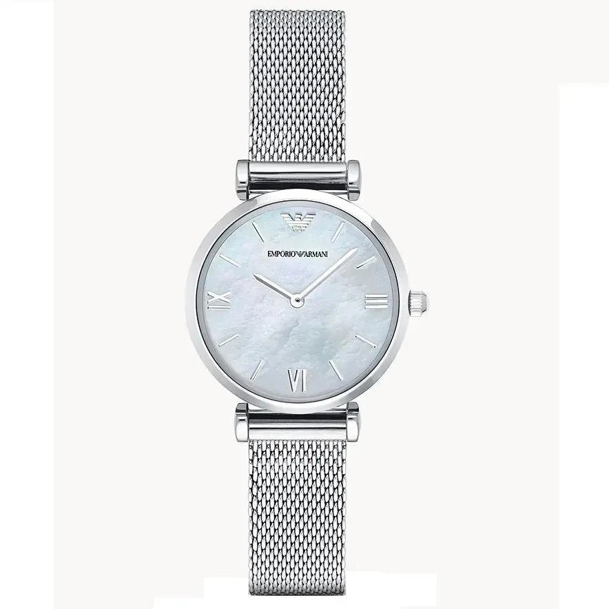 Emporio Armani Ladies Silver Mesh Band With Mother Of Pearl Dial With Roman Numerals-AR1955