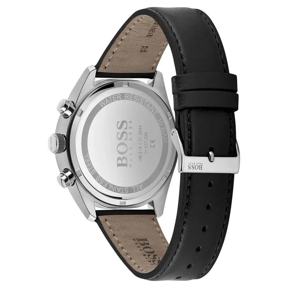 HUGO BOSS CHAMPION, BLACK LEATHER SILVER CHRONOGRAPH MENS WATCH - 1513816
