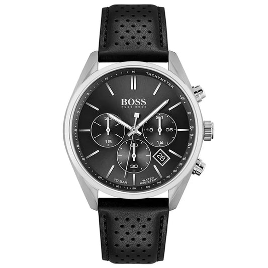 HUGO BOSS CHAMPION, BLACK LEATHER SILVER CHRONOGRAPH MENS WATCH - 1513816