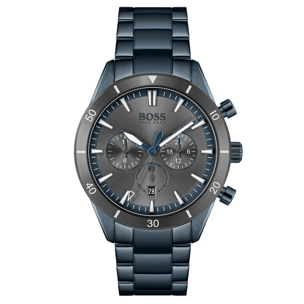 HUGO BOSS SANTIAGO BLUE STEEL GREY DIAL MEN'S CHRONO WATCH - 1513865
