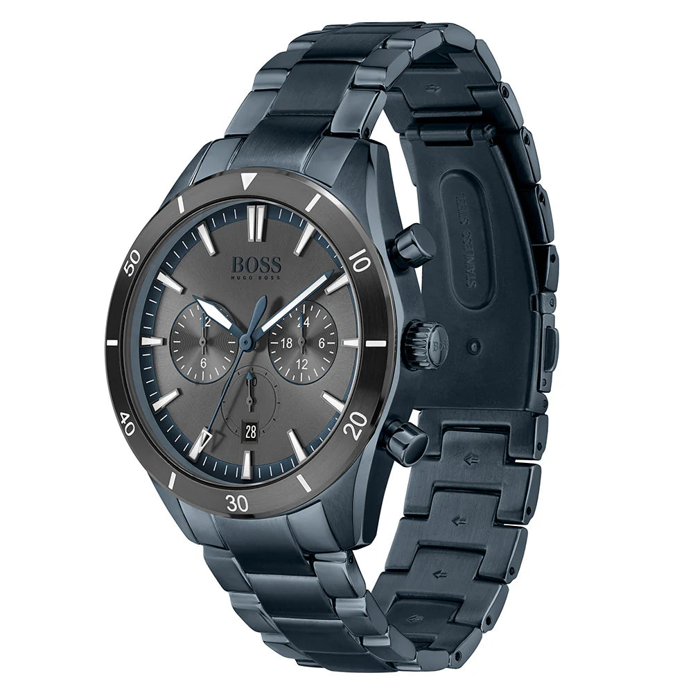 HUGO BOSS SANTIAGO BLUE STEEL GREY DIAL MEN'S CHRONO WATCH - 1513865