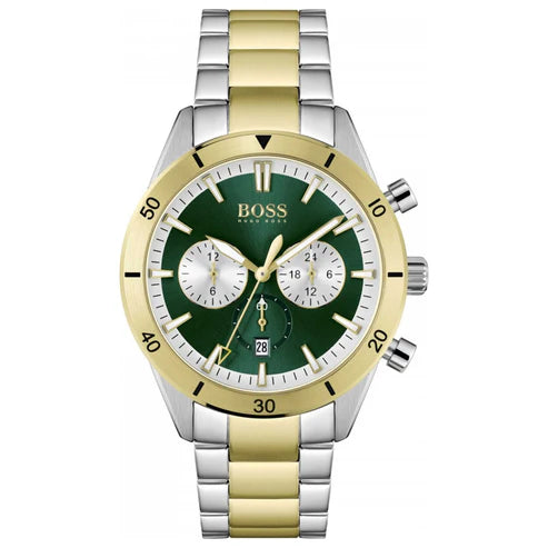 HUGO BOSS SANTIAGO TWO TONE GOLD STEEL GREEN DIAL MEN'S CHRONO WATCH - 1513872