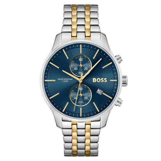 HUGO BOSS MENS BLUE DIAL SKYTRAVELLER 2 TONE S/STEEL METAL BAND 1513976