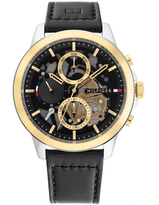 TOMMY HILFIGER BLACK LEATHER BAND MEN'S MULTI-FUNCTION WATCH - 1710474