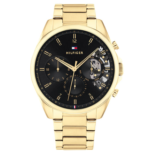 TOMMY HILFIGER MENS BLACK DIAL W GOLD S/STEEL BAND 1710447
