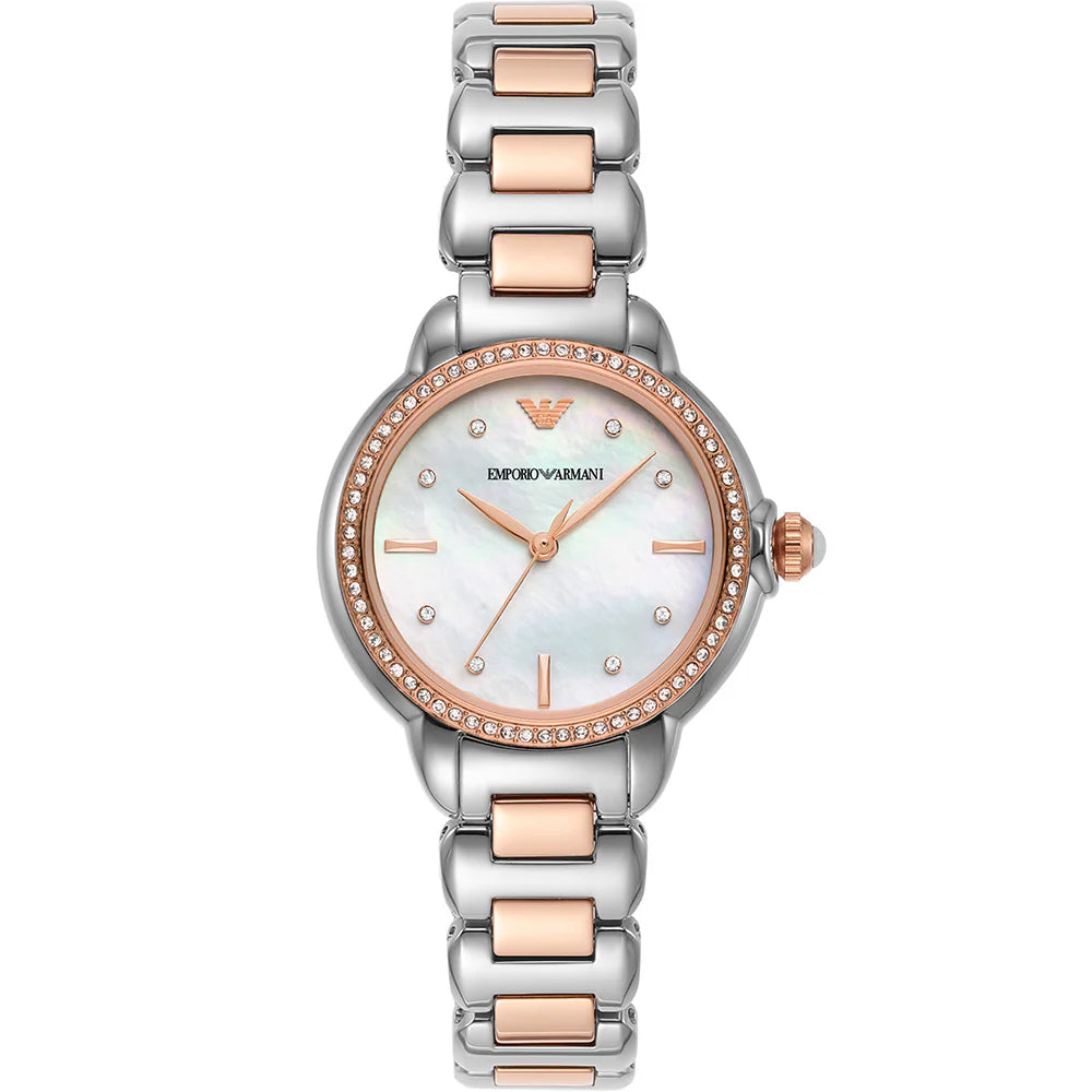 Emporio Armani womens watch w/ mother-of-pearl white glossy dial, three-hand movement, and a two-tone rg/silv stainless steel bracelet.