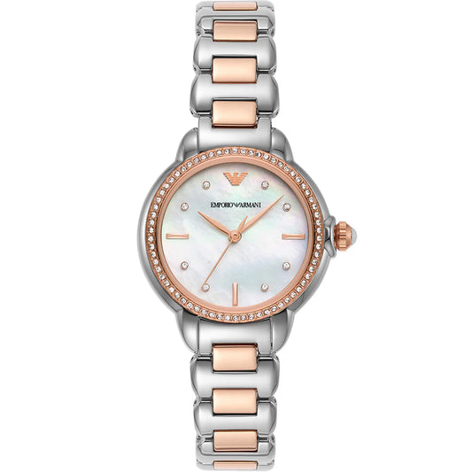 Emporio Armani womens watch w/ mother-of-pearl white glossy dial, three-hand movement, and a two-tone rg/silv stainless steel bracelet.