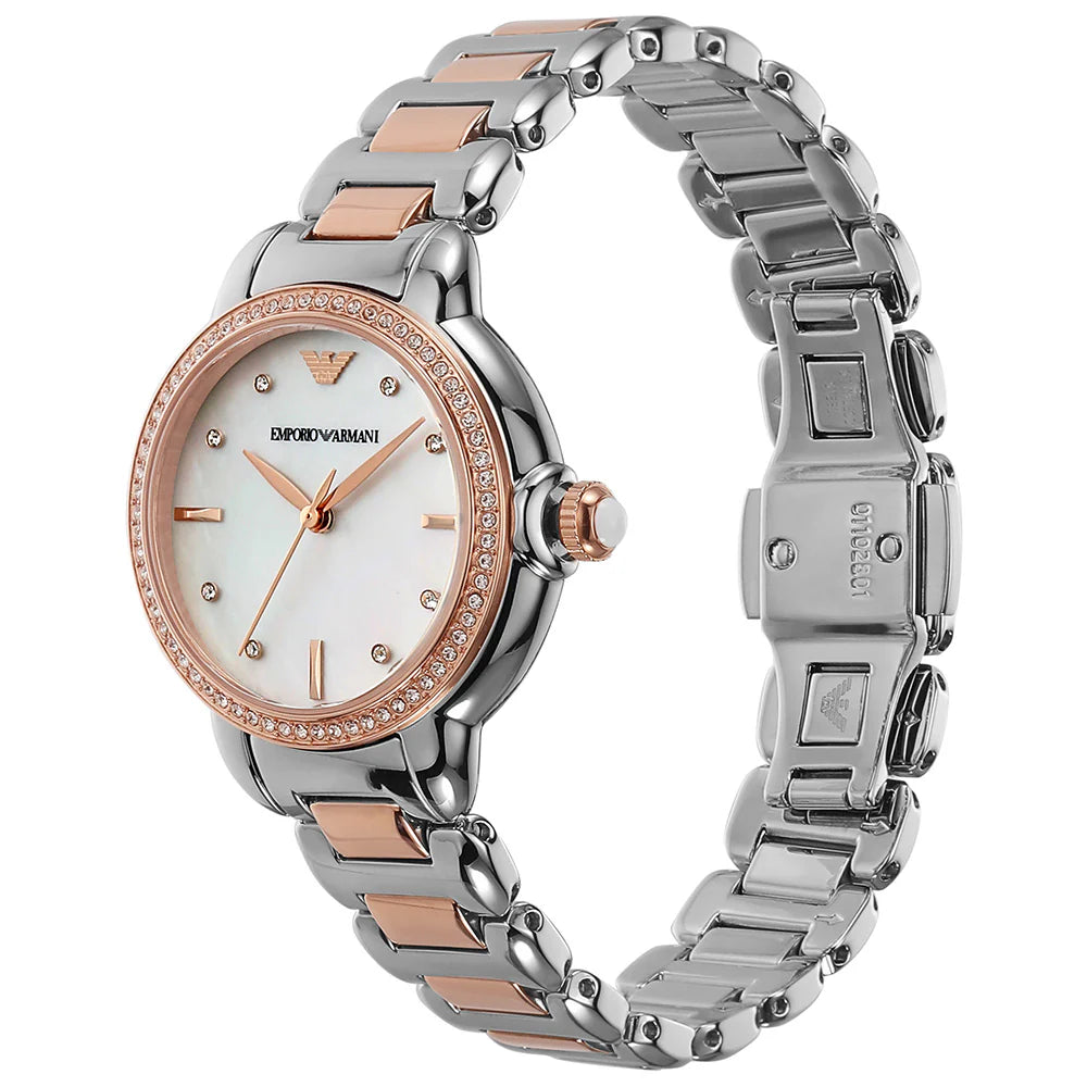 Emporio Armani womens watch w/ mother-of-pearl white glossy dial, three-hand movement, and a two-tone rg/silv stainless steel bracelet.