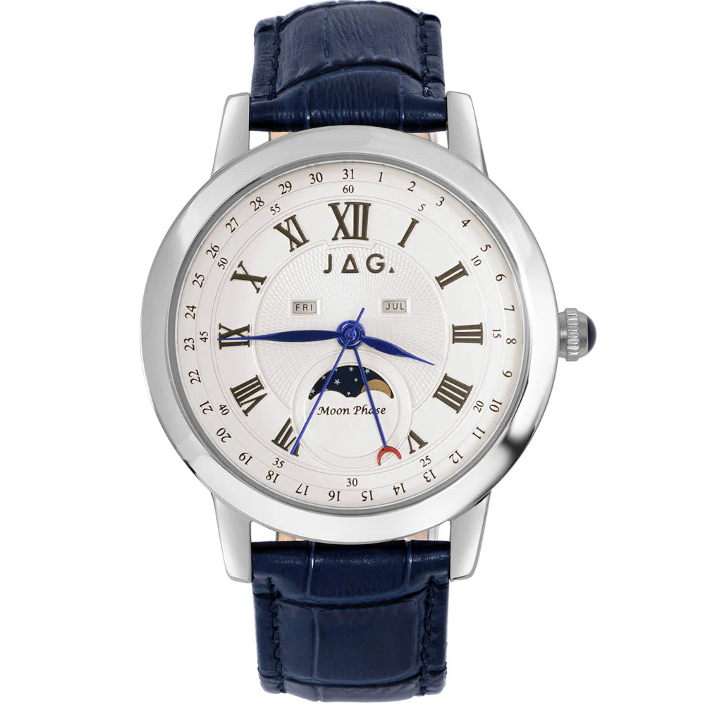 JAG MOON PHASE BLU LTHR WHT DIAL STEEL J2774