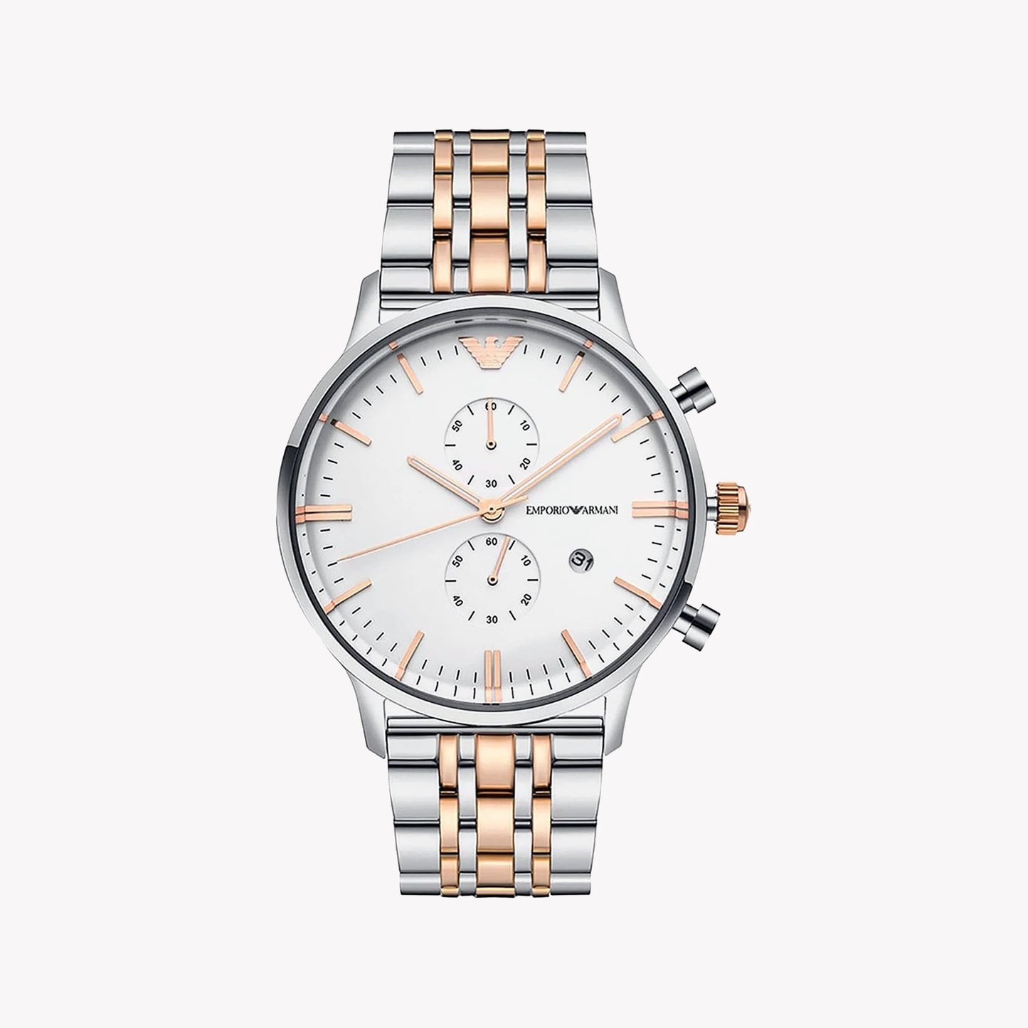EMPORIO ARMANI GENTS TWO TONE ROSE GOLD WHITE DIAL WATCH