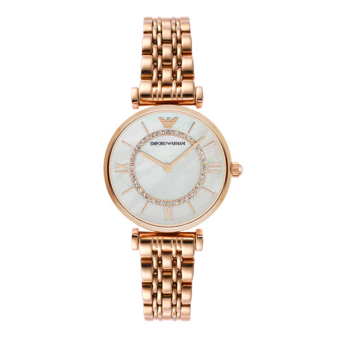 Emporio Armani Ladies Gianni T-Bar Rose Gold Mother of Pearl Dial Crystal Set Stainless Steel Watch