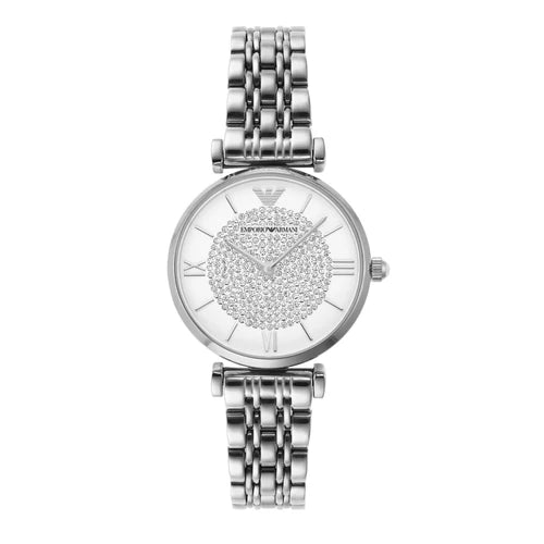 Emporio Armani Ladies Silver Metal Bracelet With White/Crystals Dial