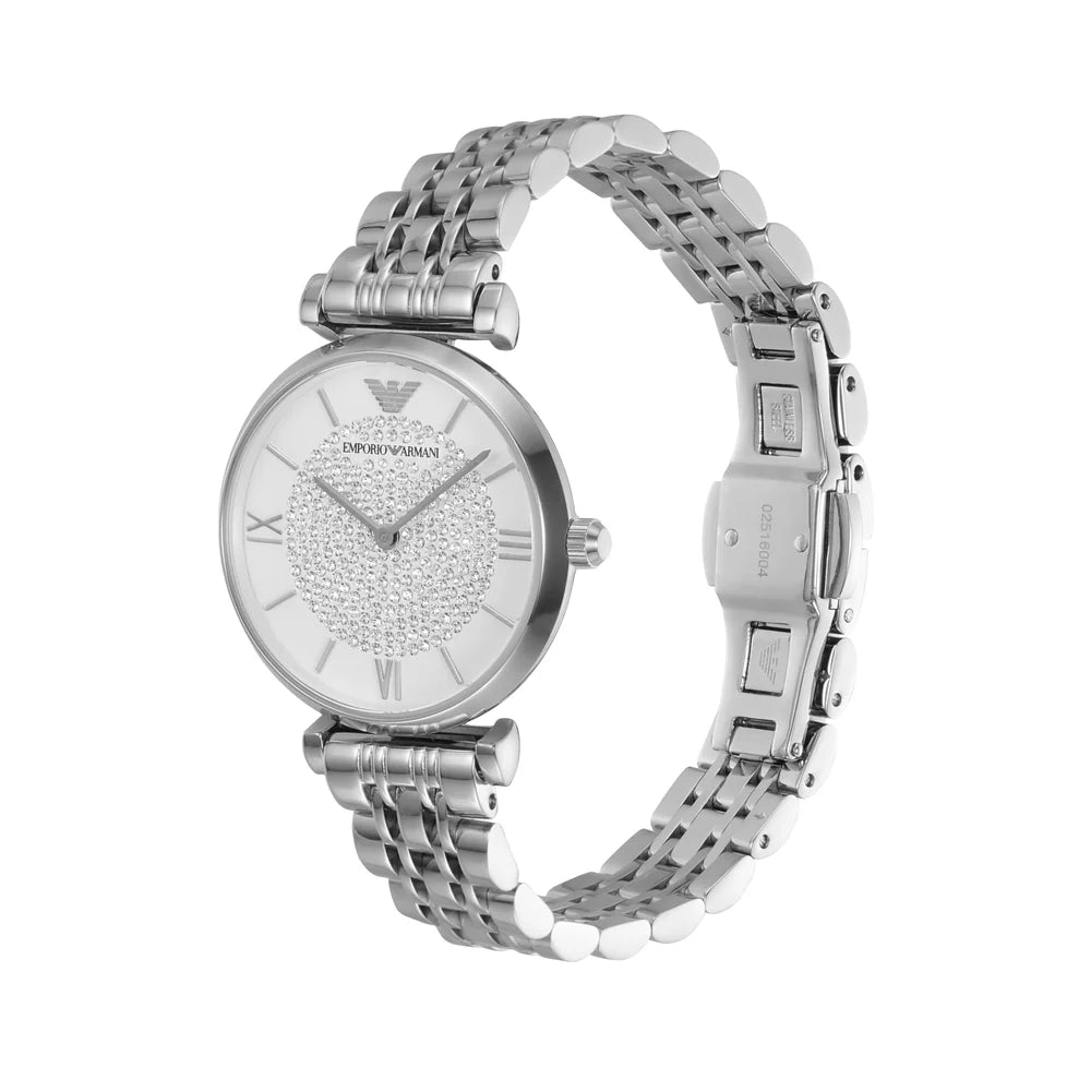 Emporio Armani Ladies Silver Metal Bracelet With White/Crystals Dial