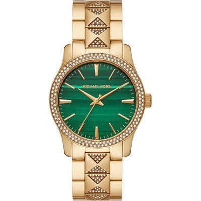 Michael Kors Runway Three Hand Green Dial Gold Steel Strap Watch For Women - MK7390