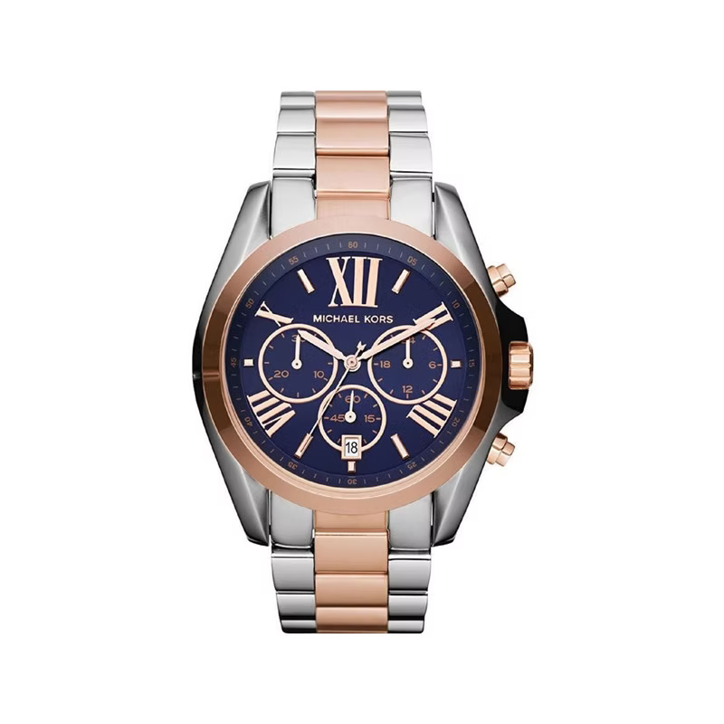 MICHAEL KORS LADIES TWO-TONE SILV/RG METAL WATCH WITH A BLUE DIAL FEATURING ROMAN NUMERALS AND ROSE-GOLD HANDS MK5606