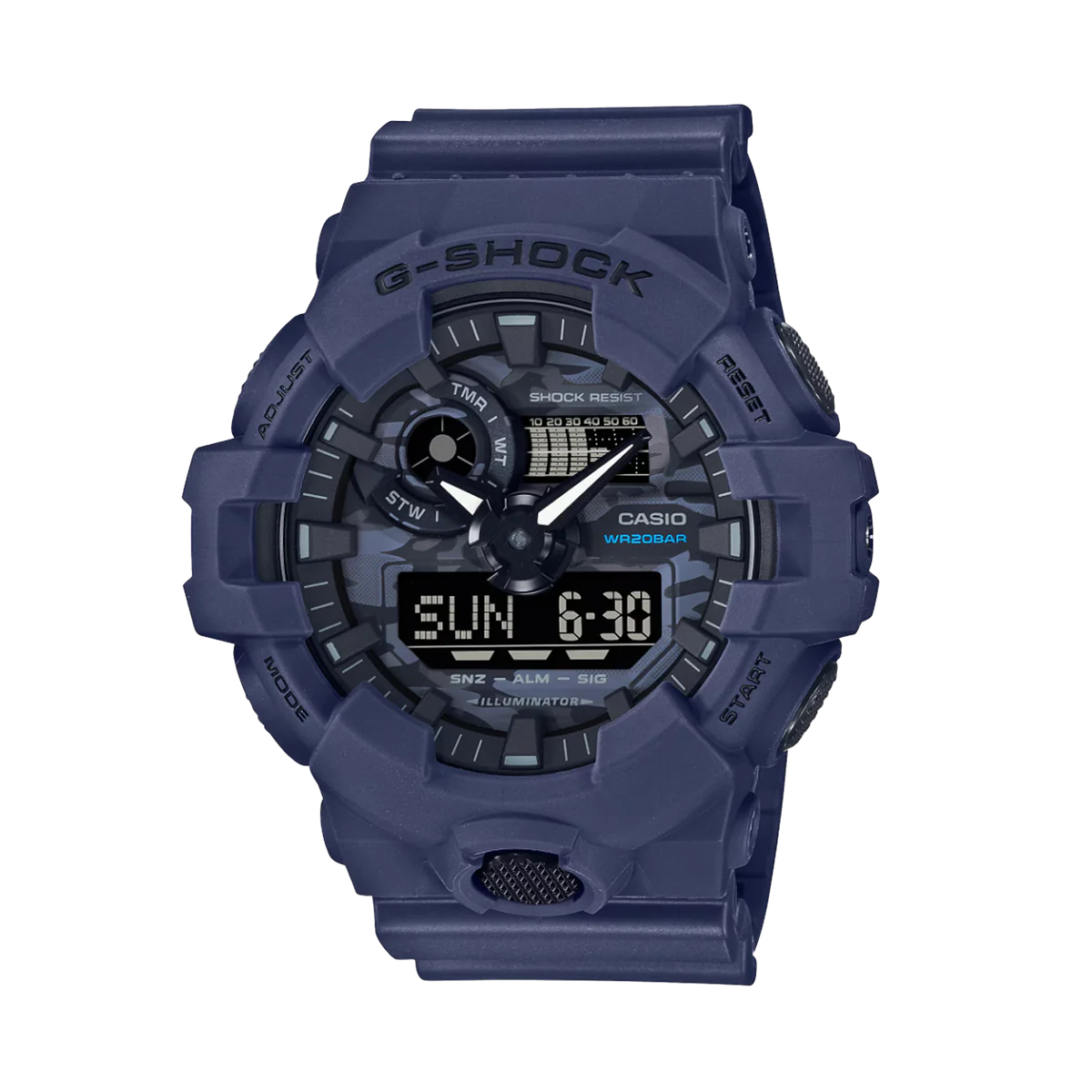 GSHOCK DUO DIAL CAMO UTILITY S/W 200M BLK LCD NAVY RESIN BAND GA700CA-2A