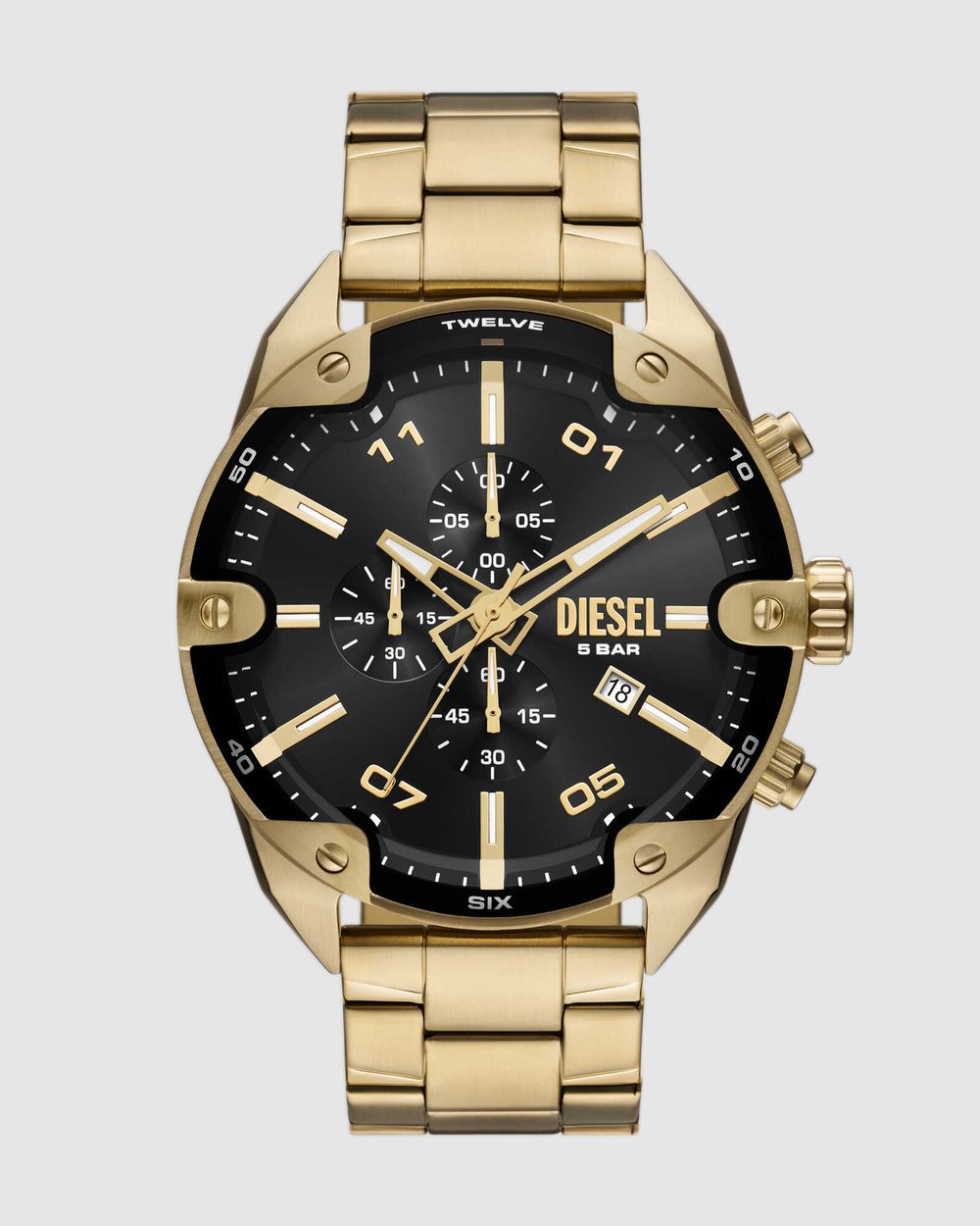 DIESEL 49MM Spiked Stainless Steel watch features a black sunray dial, w a gold tone metal band