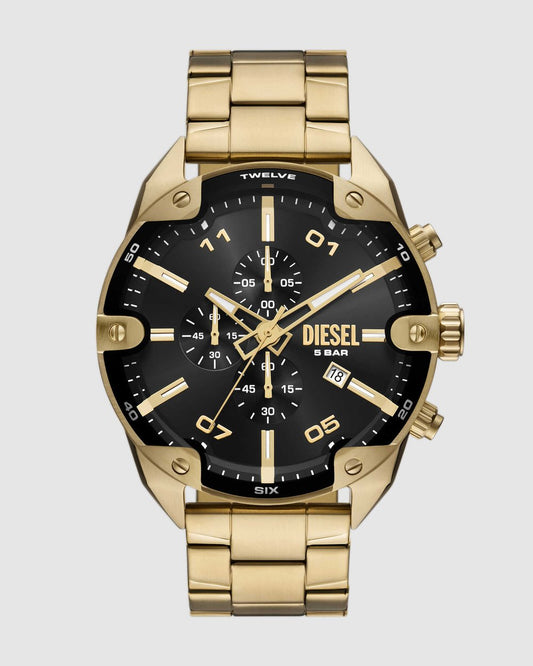 DIESEL 49MM Spiked Stainless Steel watch features a black sunray dial, w a gold tone metal band