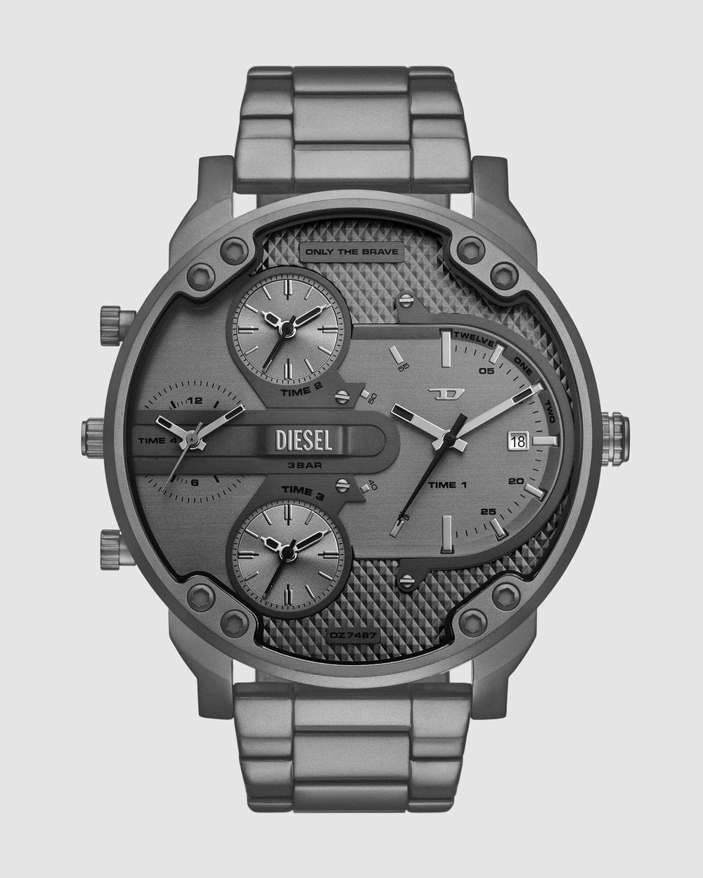 Diesel Mr. Daddy watch features a gray textured dial w gunmetal band
