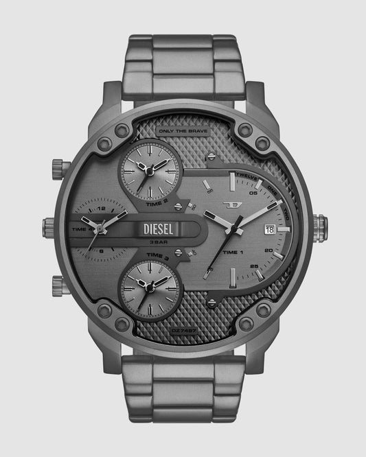 Diesel Mr. Daddy watch features a gray textured dial w gunmetal band