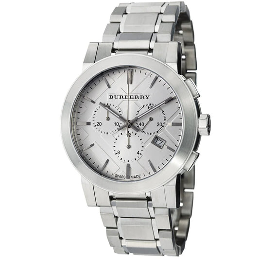 BURBERRY SILVER STAINLESS STEEL CHRONOGRAPH WHIRE FACE SWISS MADE SAPPHIRE GLASS