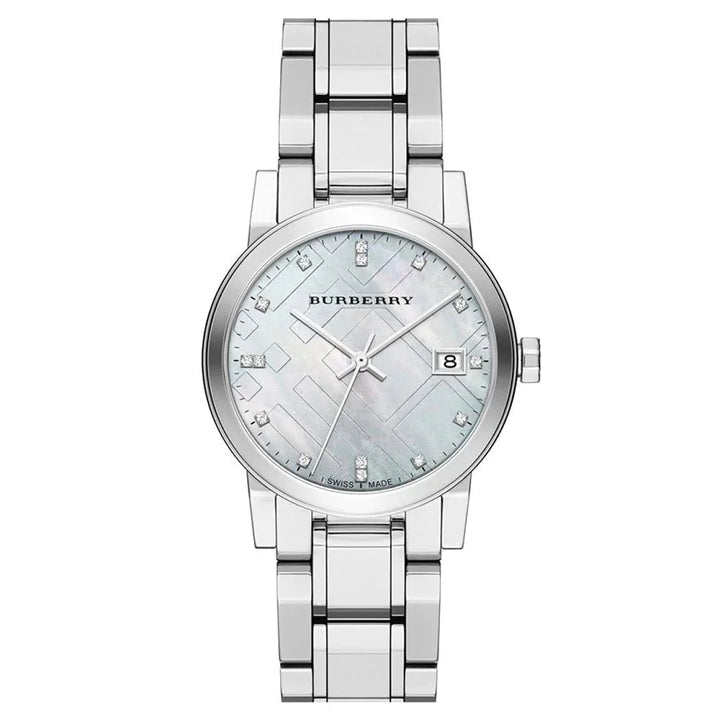 BURBERRY STAINLESS STEEL WHITE MOTHER OF PEARL FACE SWISS MADE SAPHIRE GLASS BU9125