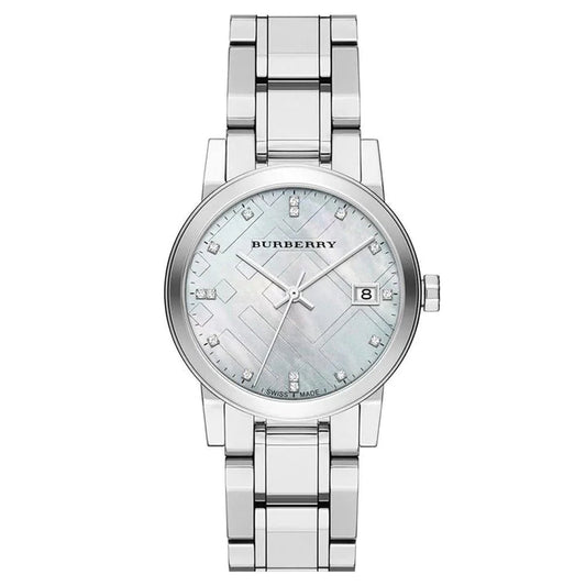 BURBERRY STAINLESS STEEL WHITE MOTHER OF PEARL FACE SWISS MADE SAPHIRE GLASS BU9125