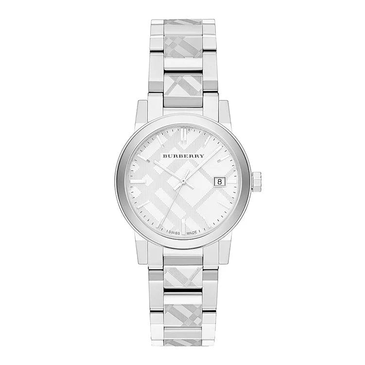 Burberry Ladies Silver Watch With Textured Metal Band And Dial Featuring Date BU9144