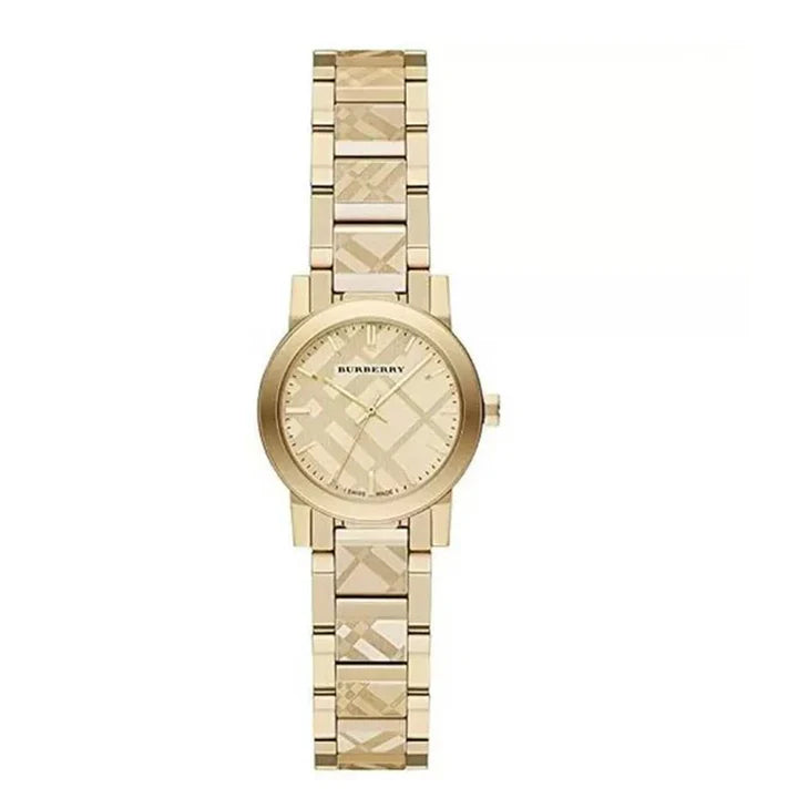 Burberry Ladies Engraved Check Gold Metal Watch
