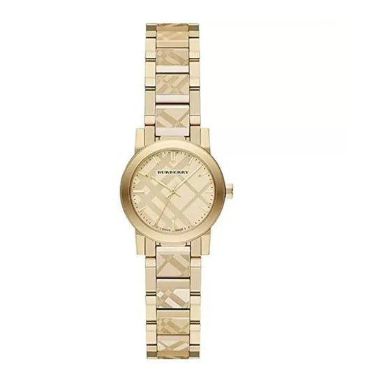 Burberry Ladies Engraved Check Gold Metal Watch
