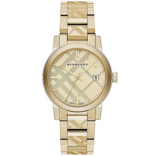Burberry THE CITY timepiece featuring the Burberry signature check pattern textured dial, encased by a Gold stainless steel case and scratch resistant sapphire