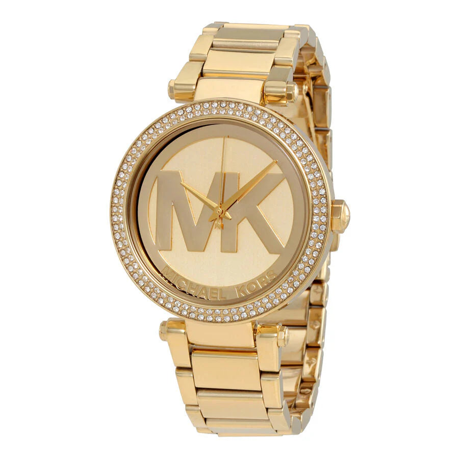 Michael Kors ‘Parker’, Gold-Tone Stainless Steel, MK Logo Dial with Crystal Bezel, Ladies Quartz Watch – MK5784