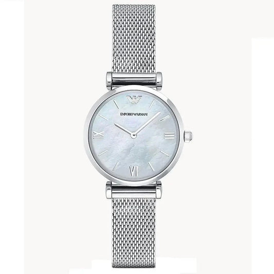 Emporio Armani Ladies Silver Mesh Band With Mother Of Pearl Dial With Roman Numerals-AR1955