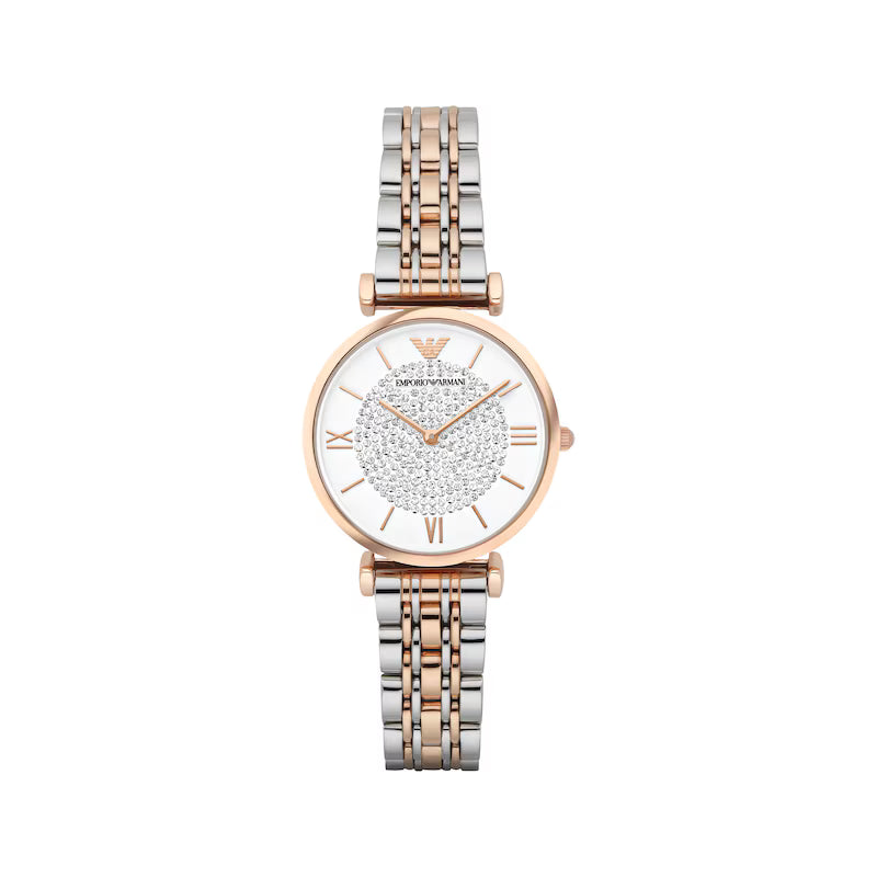 Emporio Armani Ladies Two-Tone Silver/Rosegold Metal Watch With Rounded Crystal Pattern In Dial