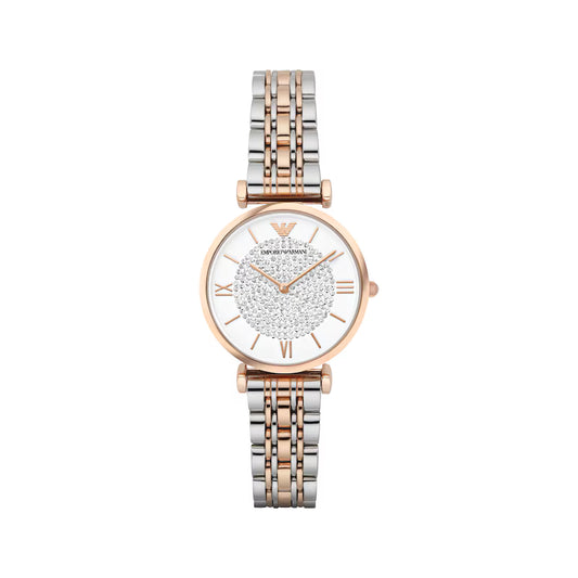 Emporio Armani Ladies Two-Tone Silver/Rosegold Metal Watch With Rounded Crystal Pattern In Dial