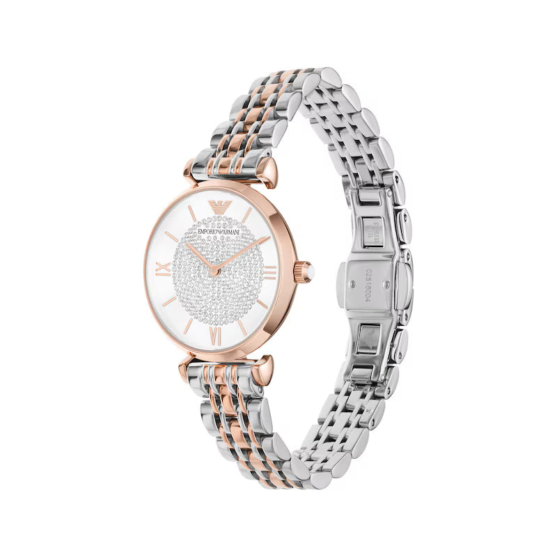 Emporio Armani Ladies Two-Tone Silver/Rosegold Metal Watch With Rounded Crystal Pattern In Dial