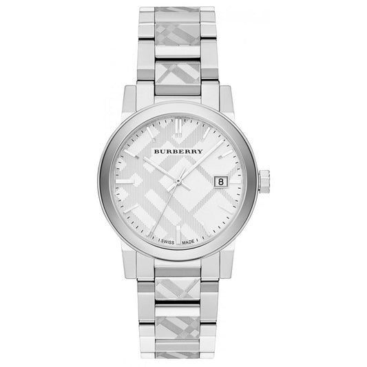 Burberry The City, Silver Engraved Check Unisex Watch – BU9037