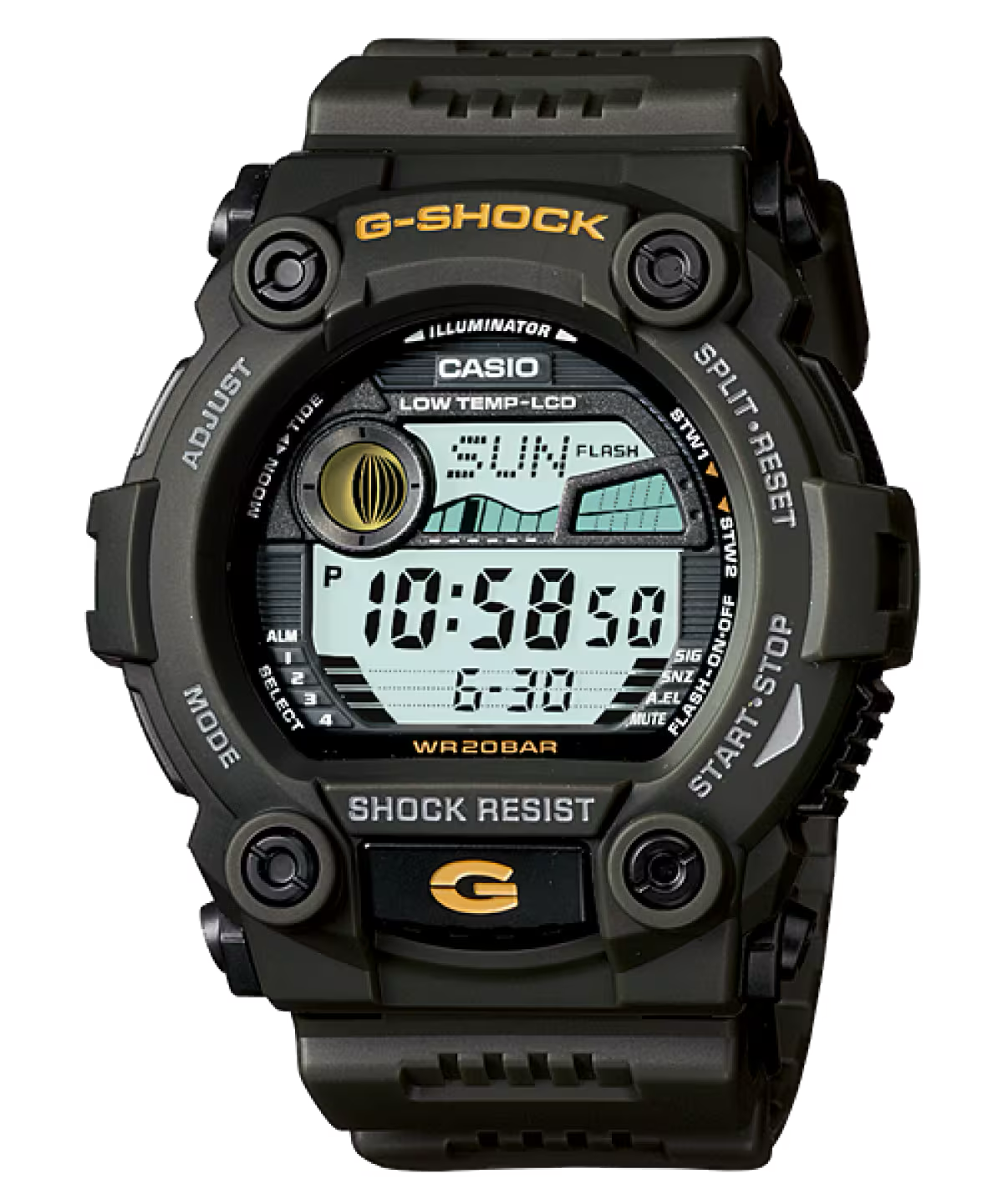 CASIO G SHOCK DIGITAL TIDE/MOON,ALARM,200M W/R,W/TIME, DK GREEN G7900-3