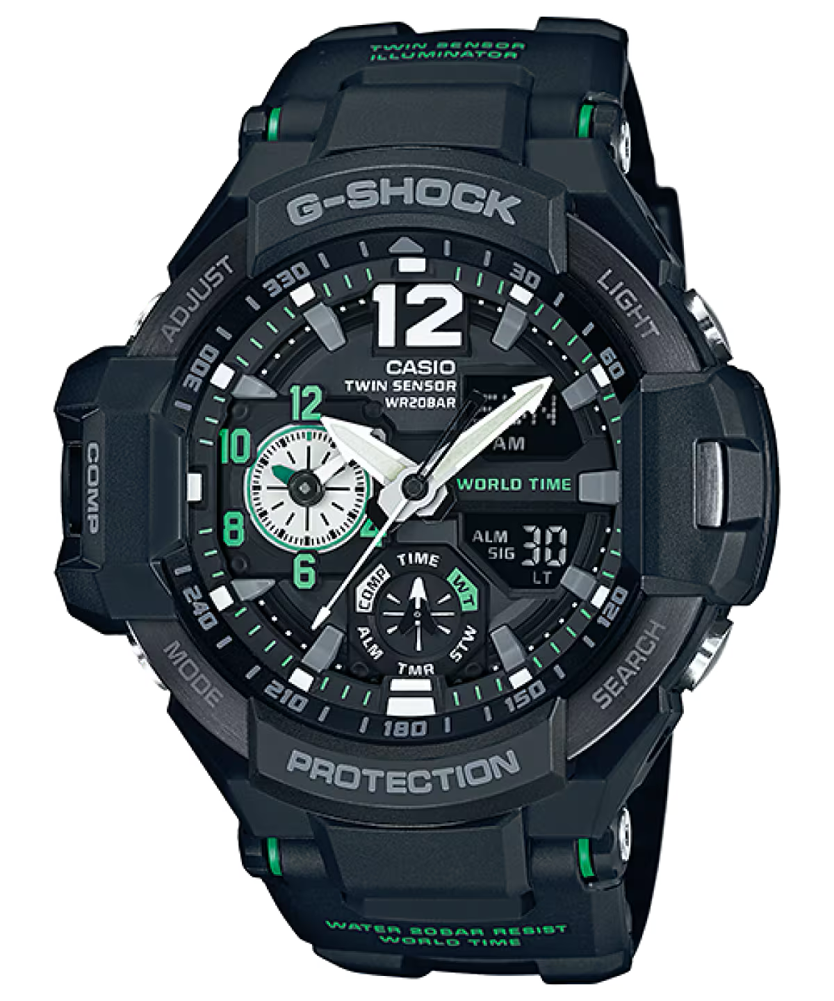 GSHOCK GRAVITY TWIN SENSOR COMPASS BAROMETER BLK/GREEN FACE GA1100-1A3