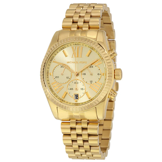 MICHAEL KORS LADIES LEXINGTON CHRONOGRAPH CHAMPAGNE DIAL WITH GOLD METAL BAND MK5556