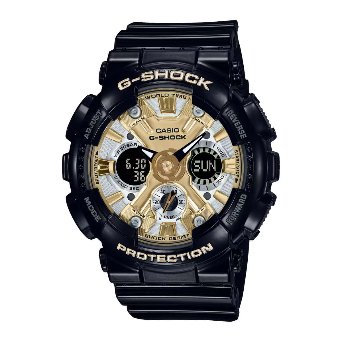 G-SHOCK DUO MID SIZE STAY GOLD LED, W/TIME, S/WATCH, 200M WHITE & GOLD DIAL BLK RESIN BAND GMAS120GB-1A