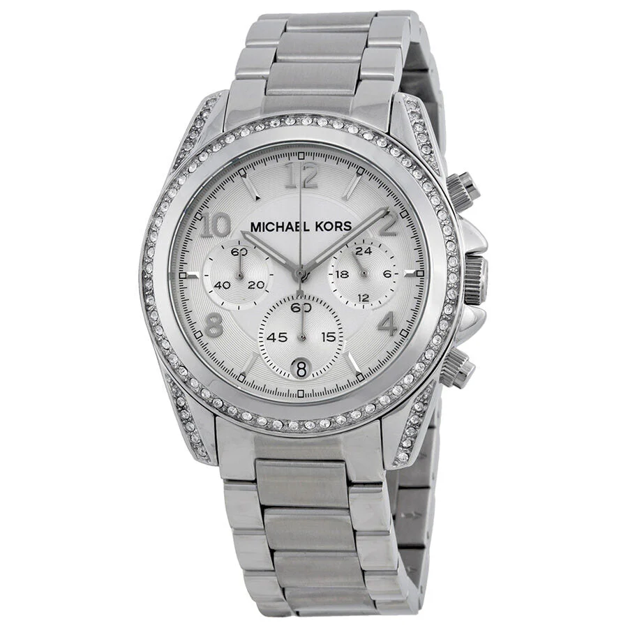 MICHAEL KORS LADIES BLAIR CHRONOGRAPH WHITE DIAL AND SILVER METAL BAND SET WITH CRYSTAL CASE MK5165