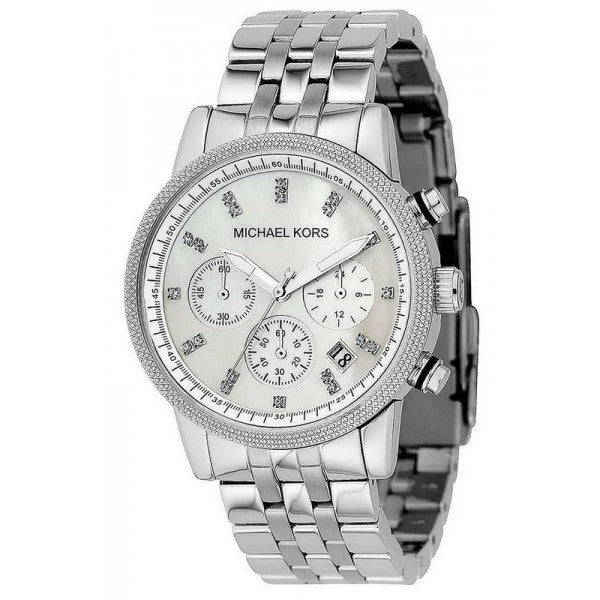 MICHAEL KORS LADIES JET SET CHRONOGRAPH MOTHER OF PEARL DIAL WITH SILVER METAL BAND MK5020